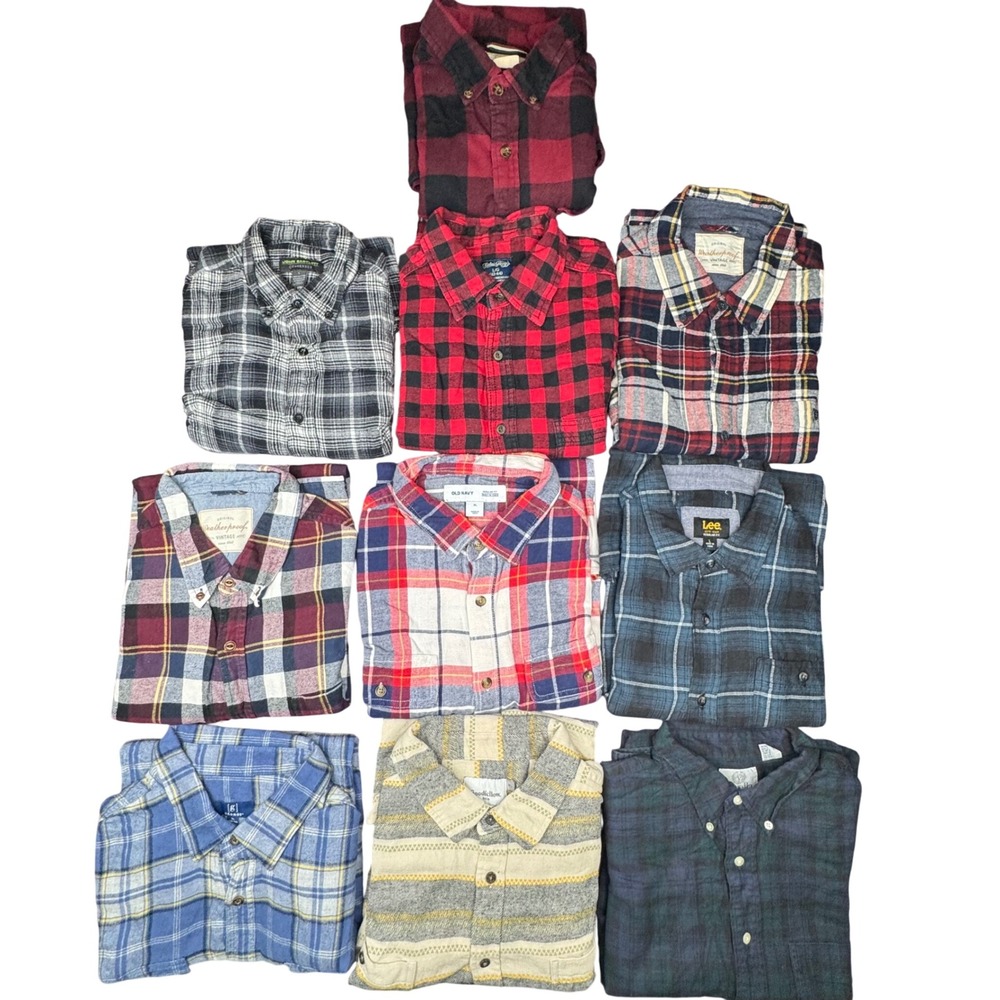Mixed Brands Flannel Shirt Lot L XL Cotton Plaid Grunge Outdoor Bundle 10pc Set